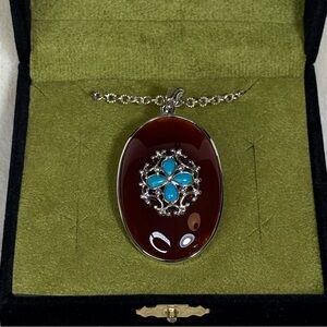 Vintage Finola Carnelian & Turquoise 925 Sterling Silver Pendant & Necklace